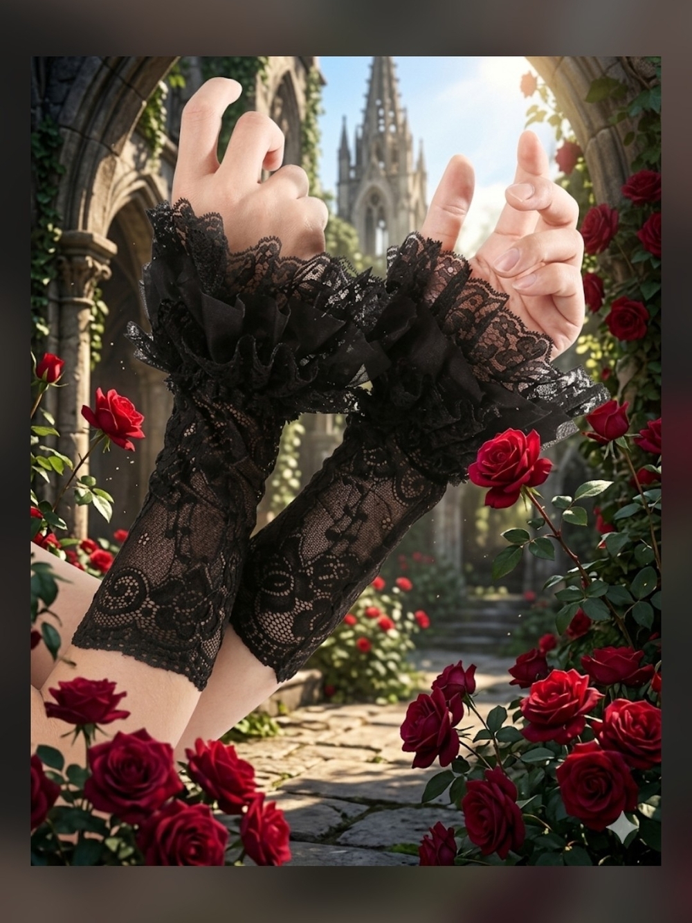 Black Lace Ruffled Wrist Gloves for Women